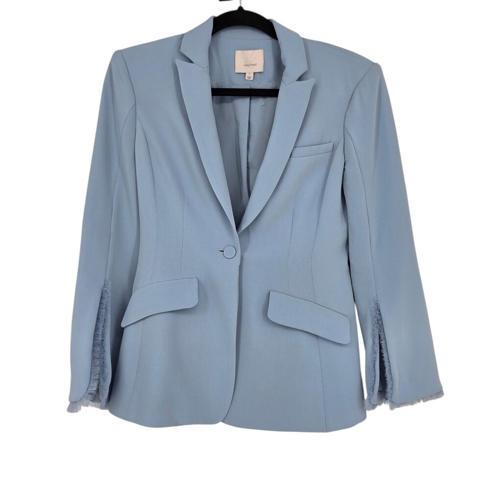 NWT Cinq A Sept Blue Rumer Tulle Ruffle Trim Slit-Sleeve One Button Blazer Sz 0